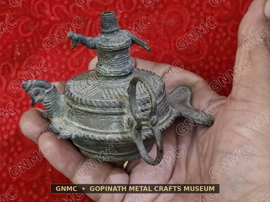 Double-Century-Old Deeply Engraved Peacock-Form Brass Kerosene Lamp (Mayura Dibi)