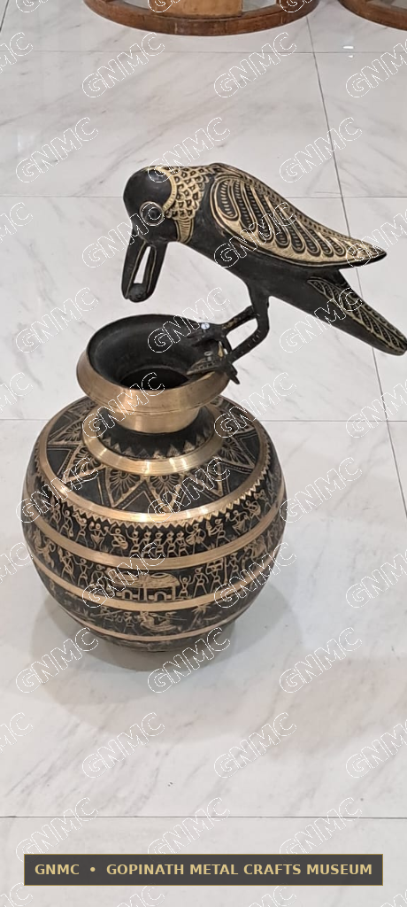 Masterwork Hand-Engraved Brass Clever Crow & Water Displacement Vessel Ensemble